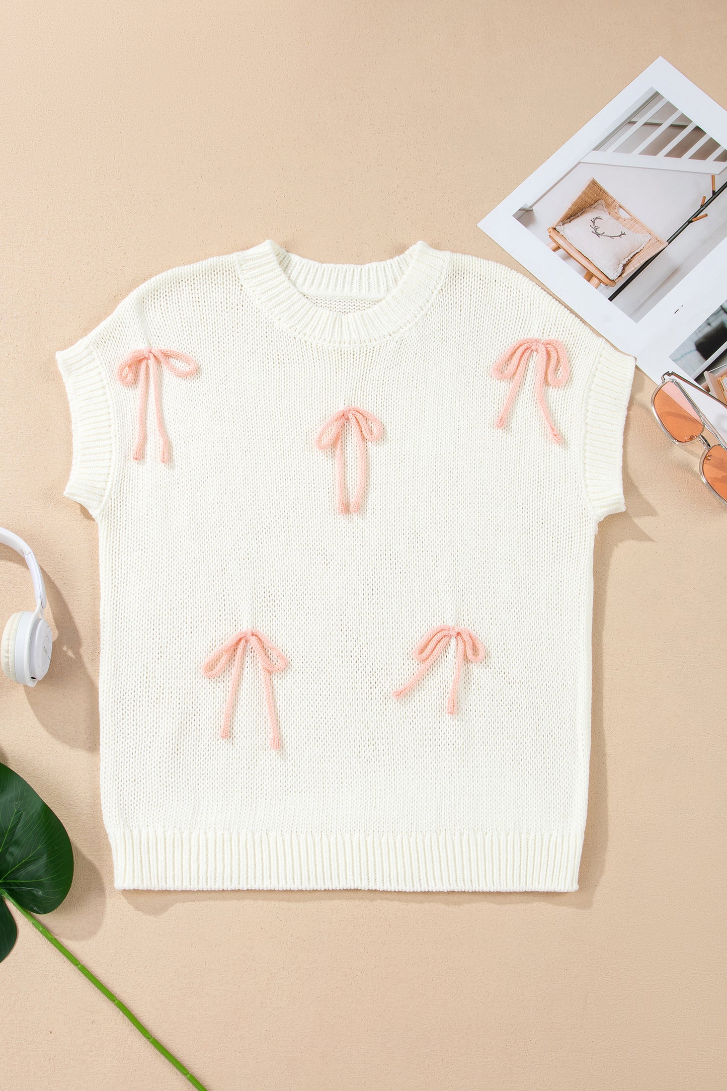 White Short Sleeve Knit Contrast Bow Knot Loose Sweater