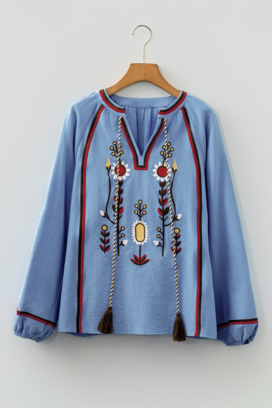 Real Teal Floral Embroidered Split Neck Tassel Tie Puff Sleeve Blouse
