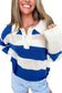 Blue Stripe Colorblock Polo Collar Eyelet Crochet Knitted Sweater