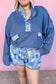 Blue Floral Patchwork V-Neck Long Sleeve Short Bottoms Plus Size Set