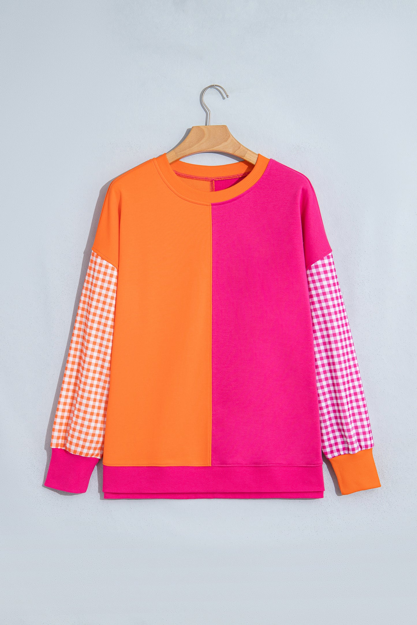 Light Blue Colorblock Gingham Sleeve Crewneck Sweatshirt