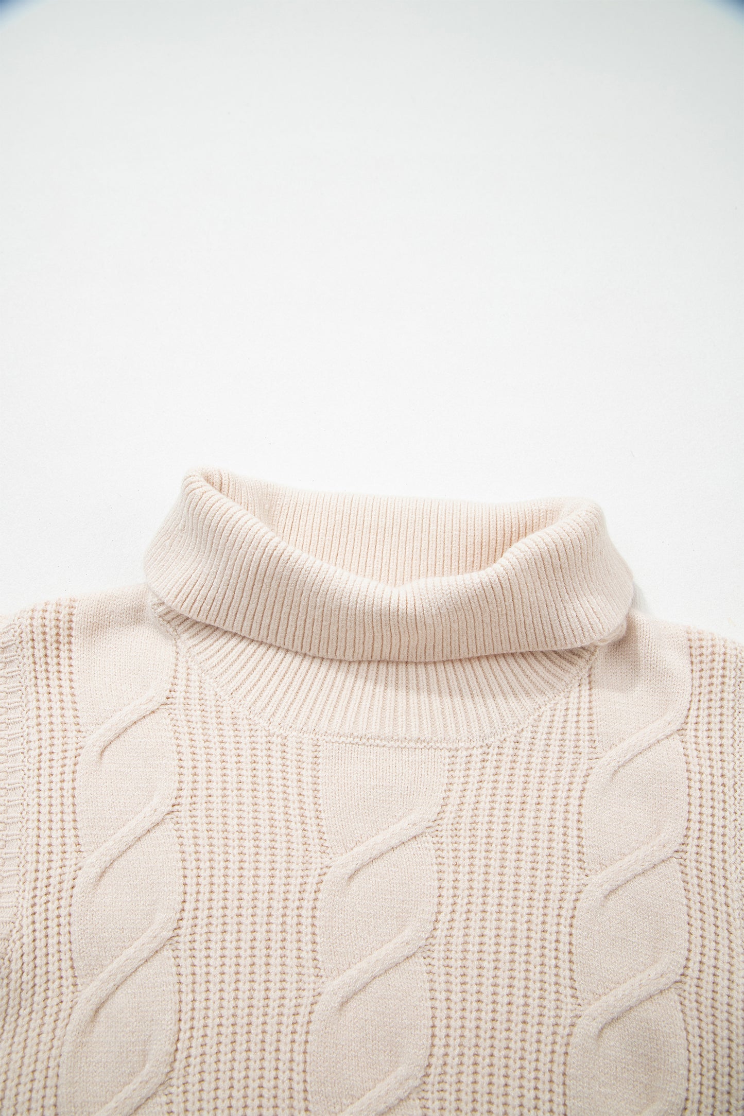 Tomato Red Cable Knit Turtleneck Ruffled Short Sleeve Sweater