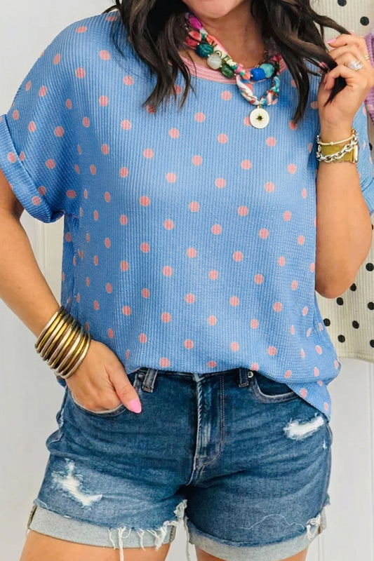 Sky Blue Raised Rib Polka Dot Print Cuffed Short Sleeve Top