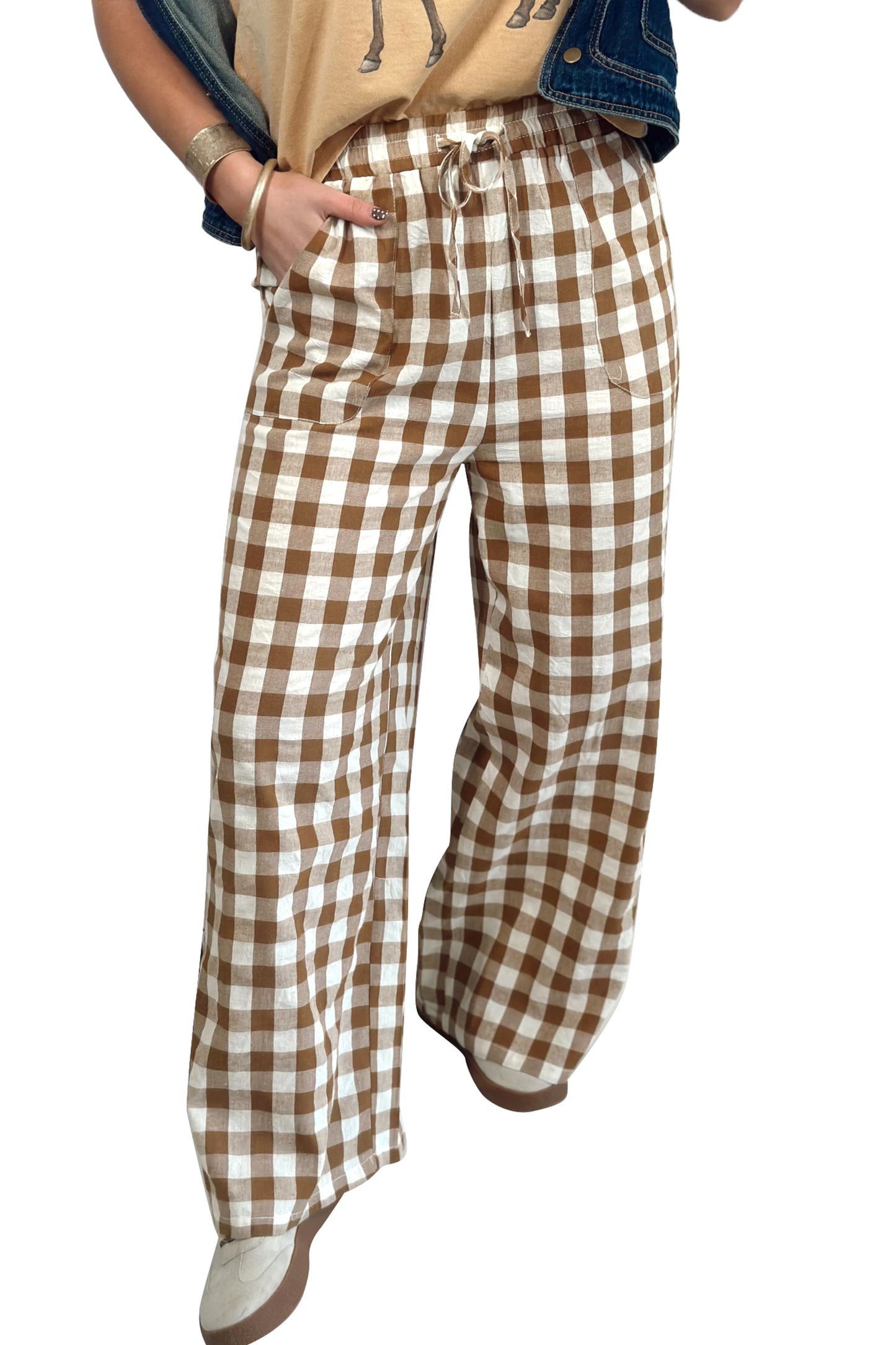 Brown Gingham Plaid Tie Elastic Waist Shift Pants