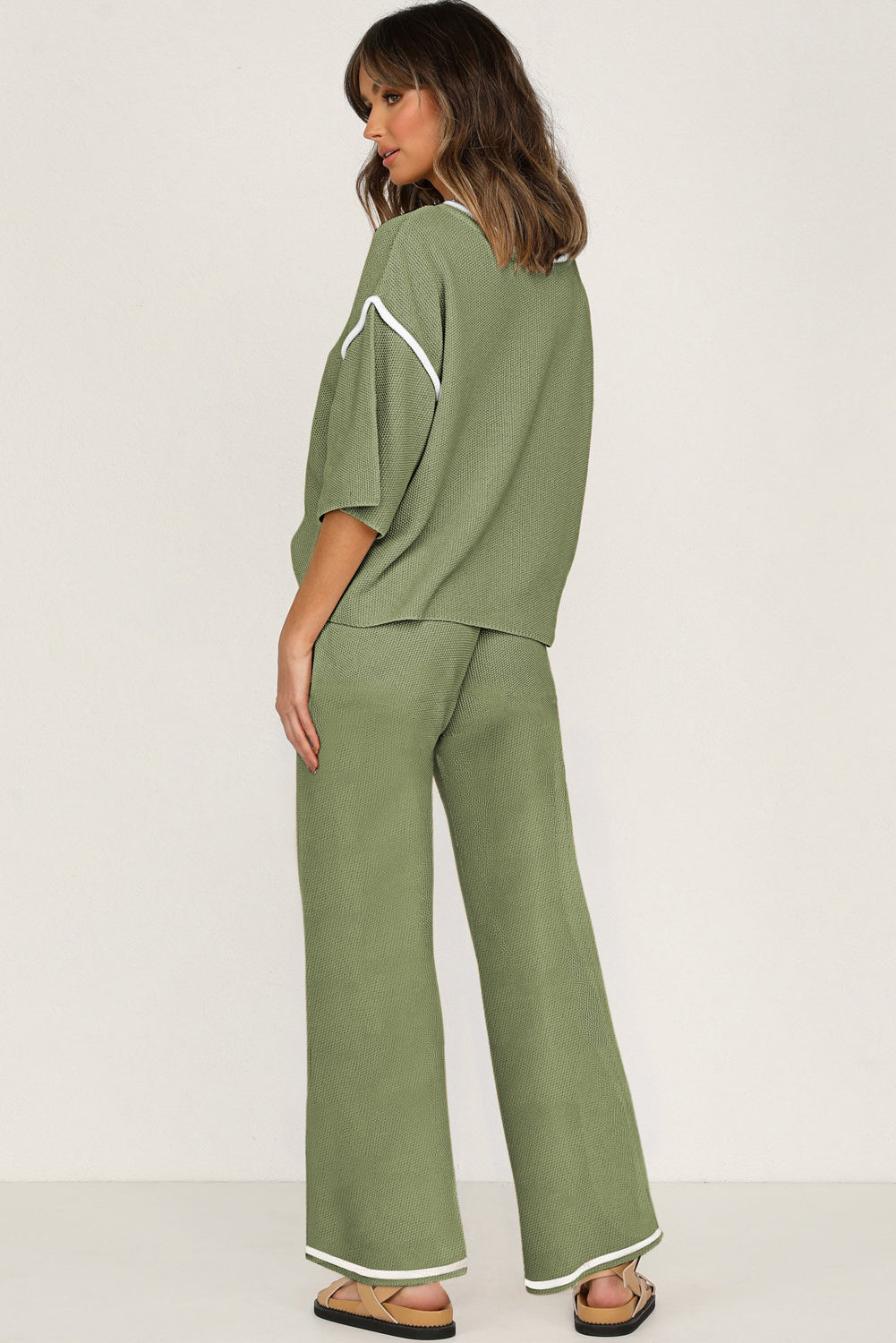 Navy Blue Contrast Trim Half Sleeve Top Drawstring Pants Loose 2pcs Sweater Suit