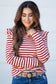 Red Stripe Round Neck Ruffle Trim Long Sleeve Top