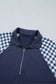 Navy Blue Patchwork Plaid Pocket Quarter Zip Sweatshirt