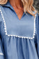 Dusk Blue Lace Ric Rac 3/4 Puff Sleeve Collared Babydoll Blouse