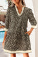 Black Leopard Print Striped Color Block Trim V Neck Bracelet Sleeve Mini Dress