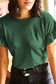 Black Solid Color Ribbed Ruffled Short Sleeve T Shirt