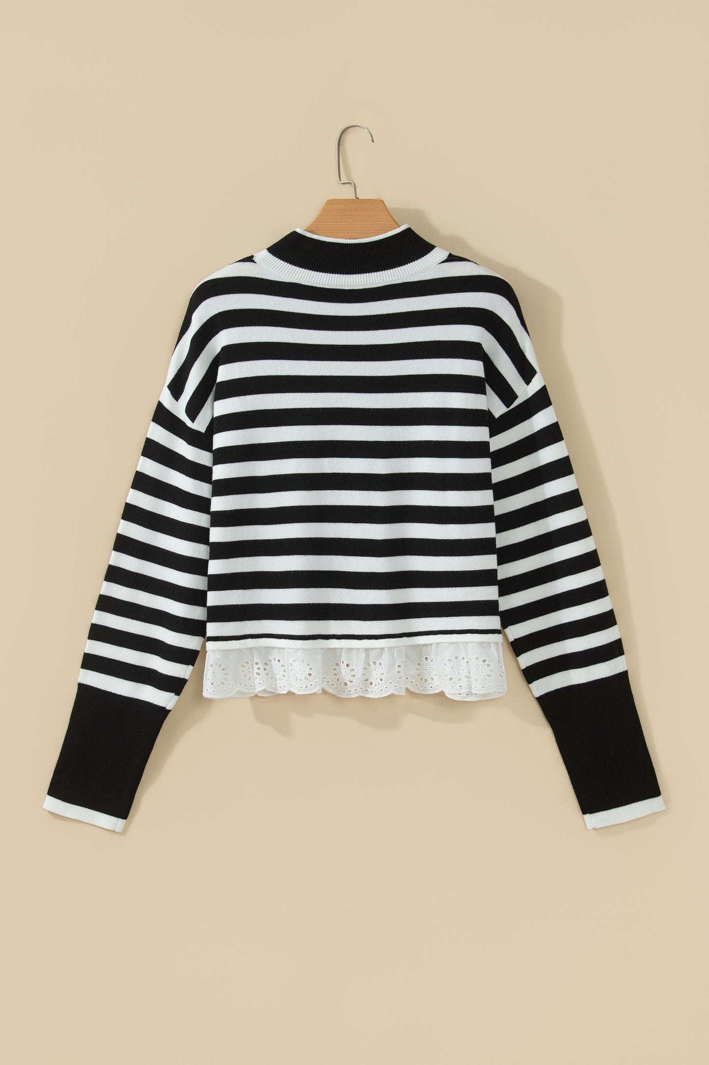 Black Striped High Neck Contrast Ruffle Detail Casual Sweater