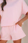 Pink Stripe Cuffed Sleeve Contrast Mock Neck Tee Casual 2pcs Short Set