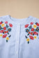 Sky Blue Stripe Floral Embroidered Billowy Sleeve Tunic Baggy Shirt