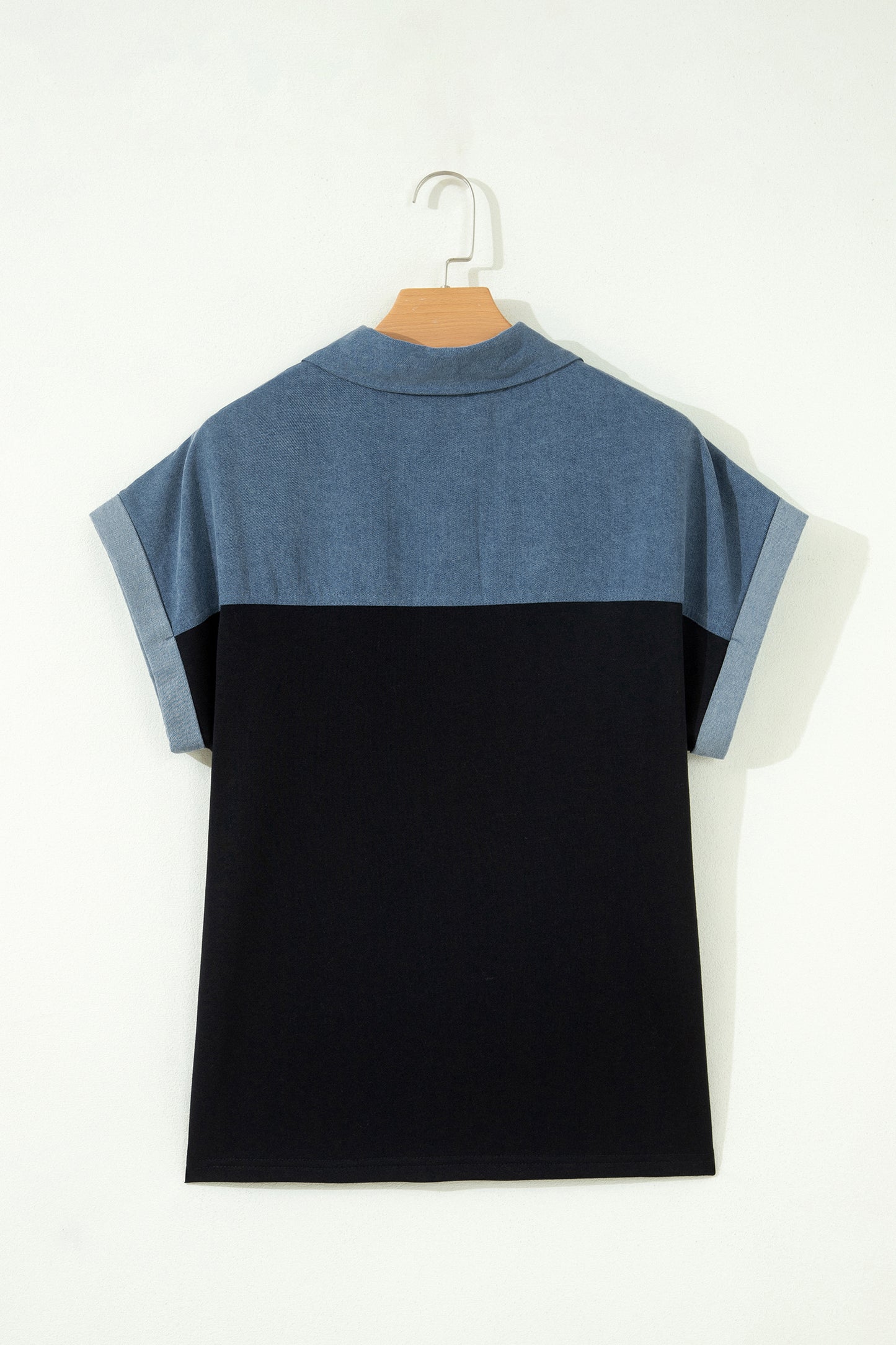 Black Color Block Denim Patchwork Button Polo Collar Short Sleeve Top