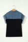 Black Color Block Denim Patchwork Button Polo Collar Short Sleeve Top