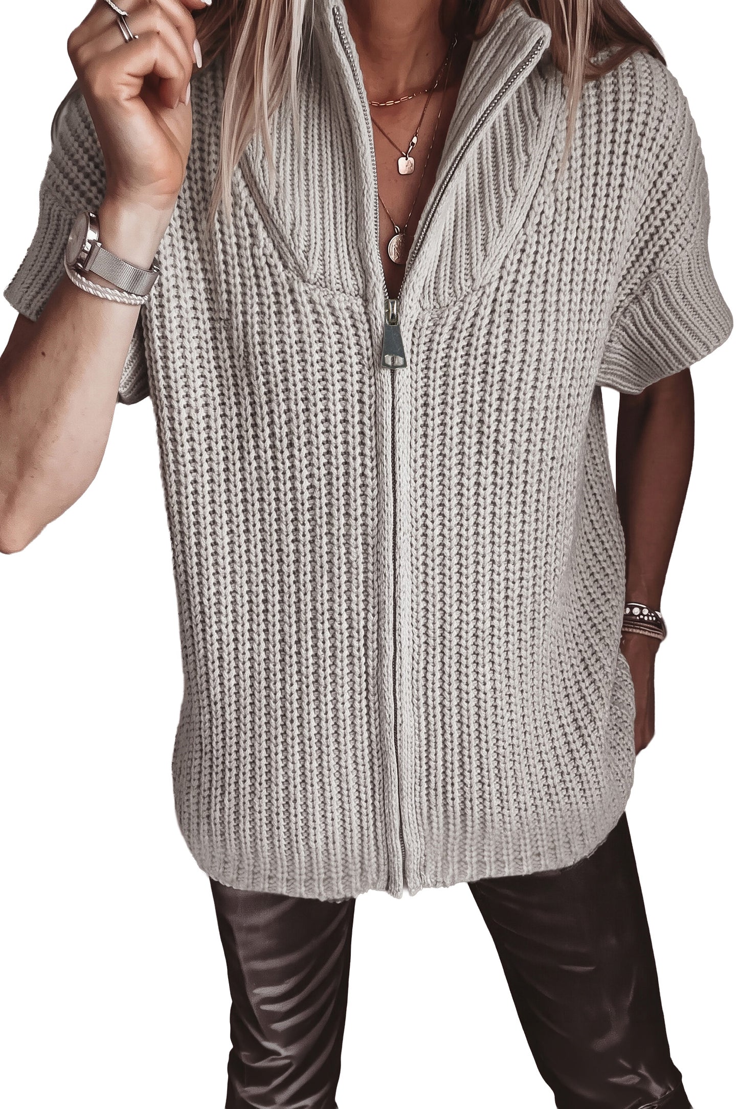 Jet Stream Solid Color Short Sleeve Zipper Knit High Neck Sweater