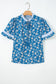 Blue Floral Print Button Tie Neck Striped Detail Short Sleeve Blouse