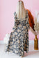 Sky Blue Plus Size Floral Print Split Neck Shirred High Waist Long Sleeve Maxi Dress