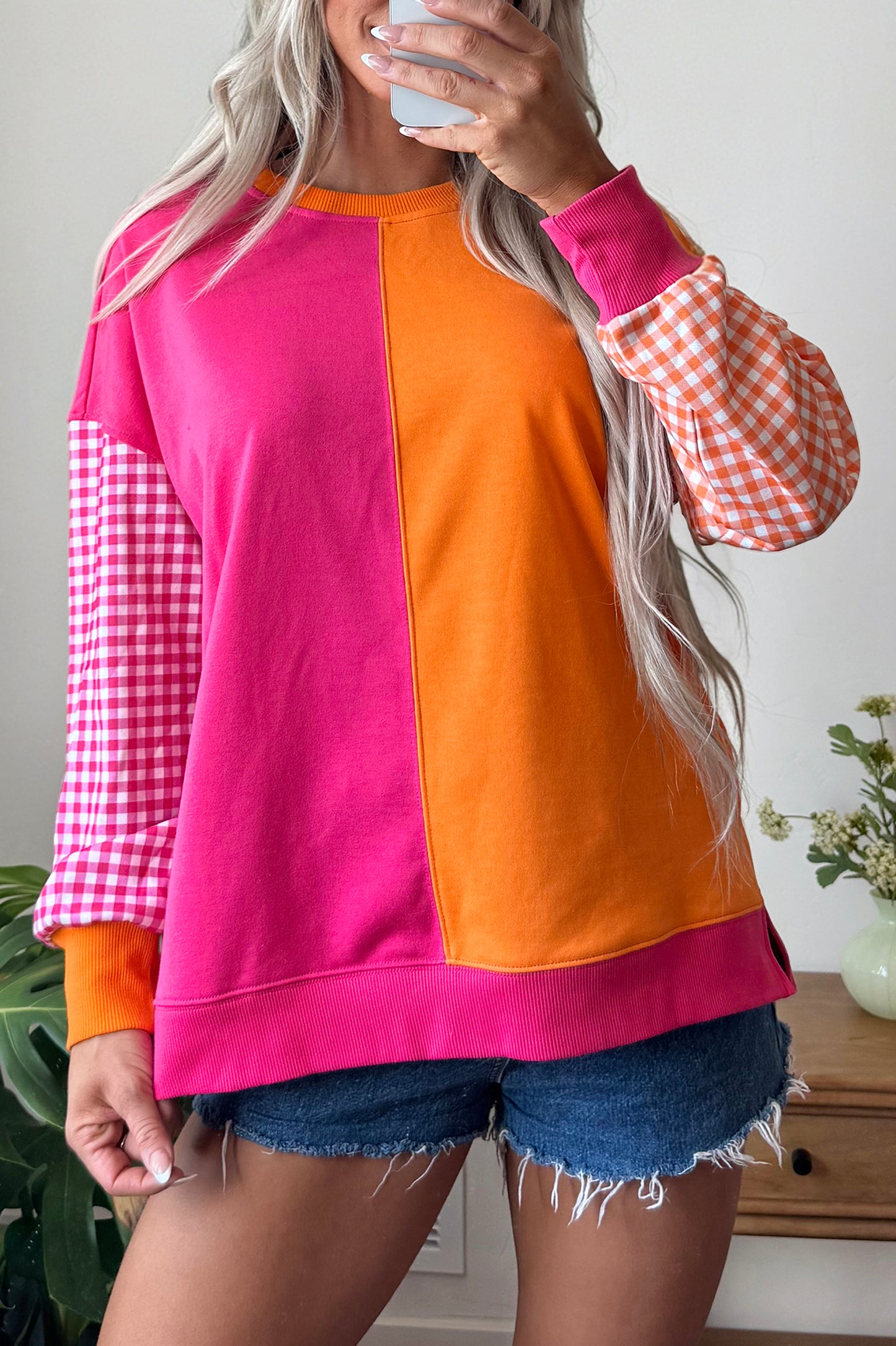 Light Blue Colorblock Gingham Sleeve Crewneck Sweatshirt