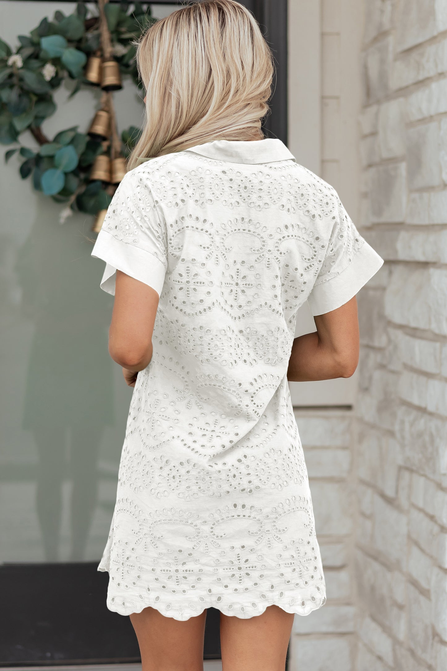 Dark Blue Solid Color Eyelet Embroidered T Shirt Mini Dress