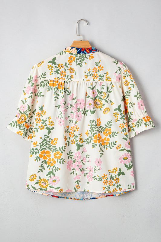 Multicolour Plus Size Floral Print Woven V Neck Half Sleeve Blouse