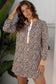 Khaki Button Striped Collar Leopard Print Long Sleeve Flared Dress