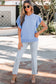 Beau Blue Solid Color Ribbed Trim Round Neck Ruffle Short Sleeve Sweater