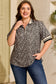 Brown Plus Size Leopard Print Striped Webbing Patchwork Half Zip Blouse