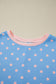 Sky Blue Raised Rib Polka Dot Print Cuffed Short Sleeve Top