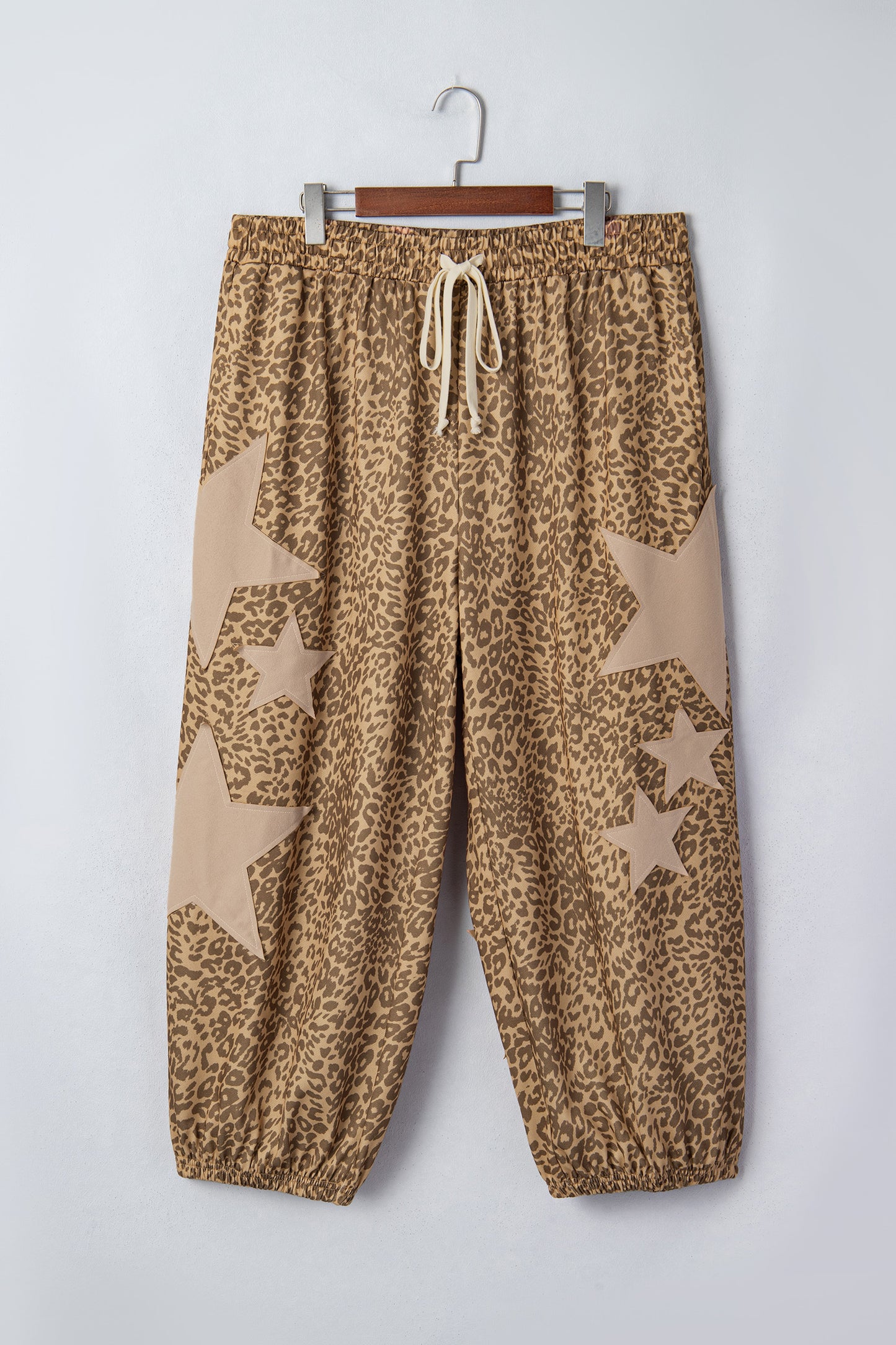 Khaki Plus Size Leopard Print Western Star Patched Jogger Pants