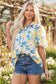 Blue Floral Striped Mixed Print Puff Short Sleeve Blouse
