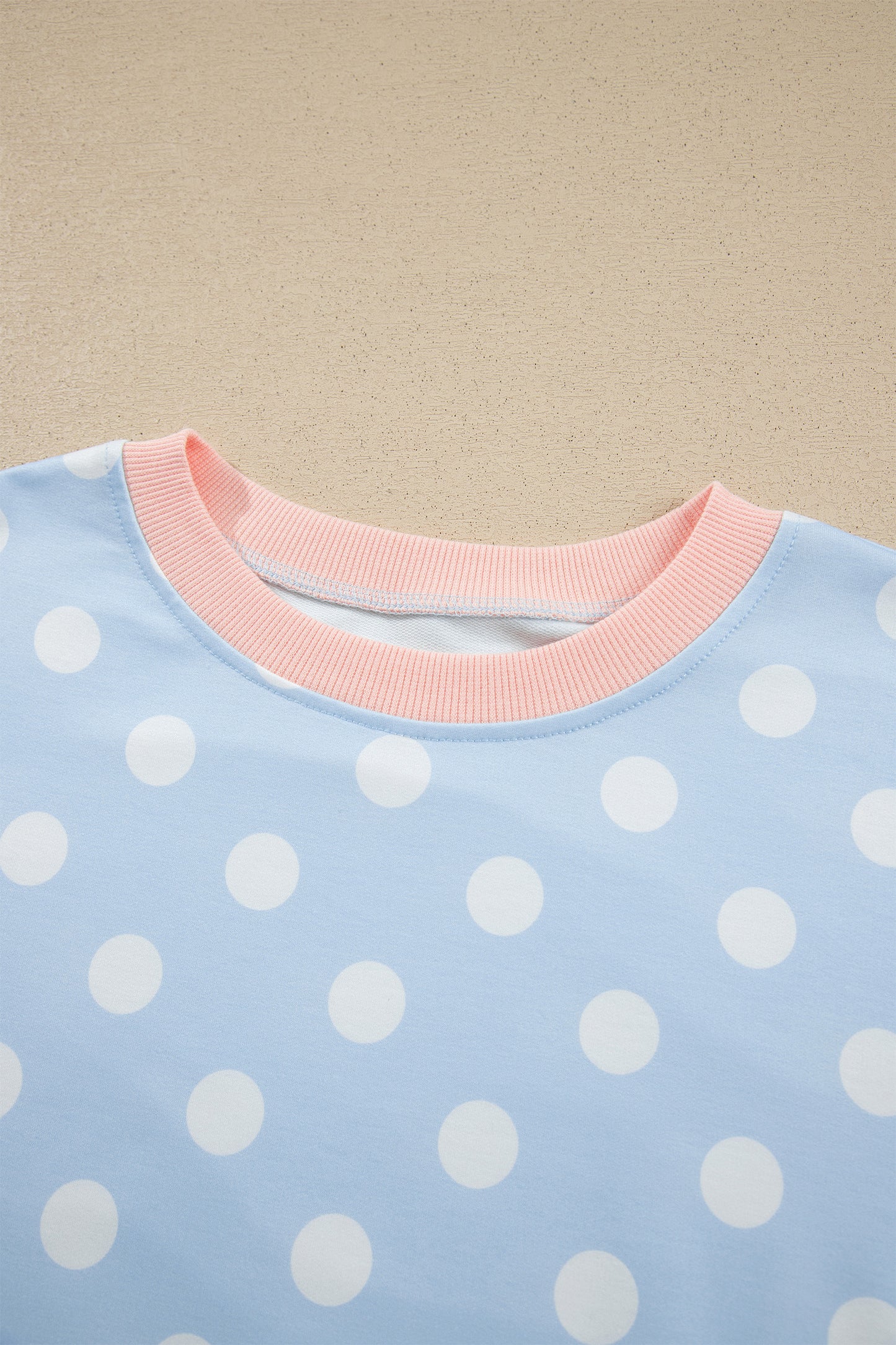 Sky Blue Polka Dot Contrast Trim Long Sleeve Top Drawstring Shift Pants Set