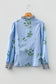 Sky Blue Floral Print Contrast Striped Trim Ruffled V Neck Fall Blouse