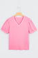 Bonbon Solid Color V Neck Short Puff Sleeve Blouse