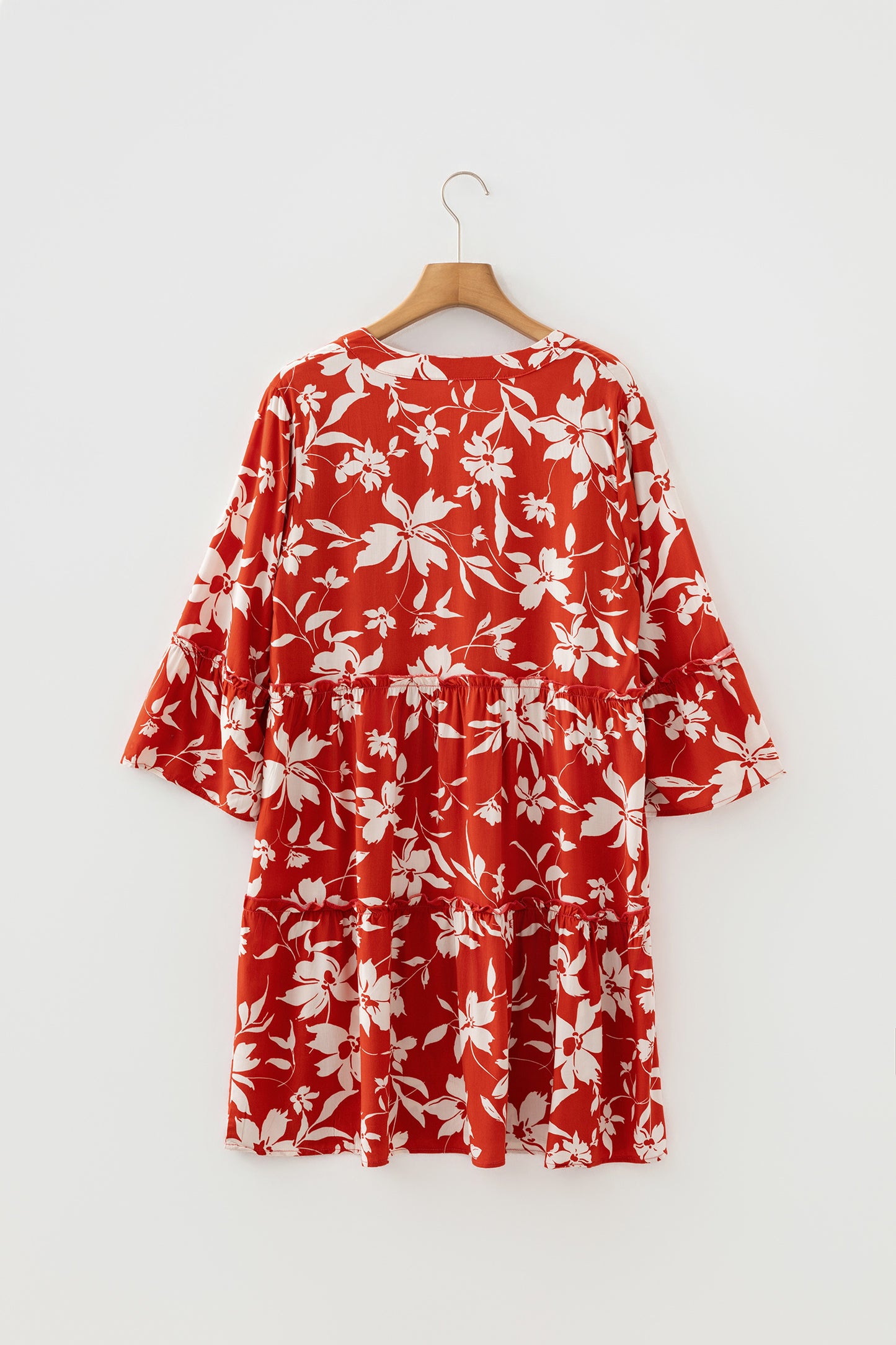 Sky Blue Boho Floral Print Lettuce Trim 3/4 Sleeve Mini Dress