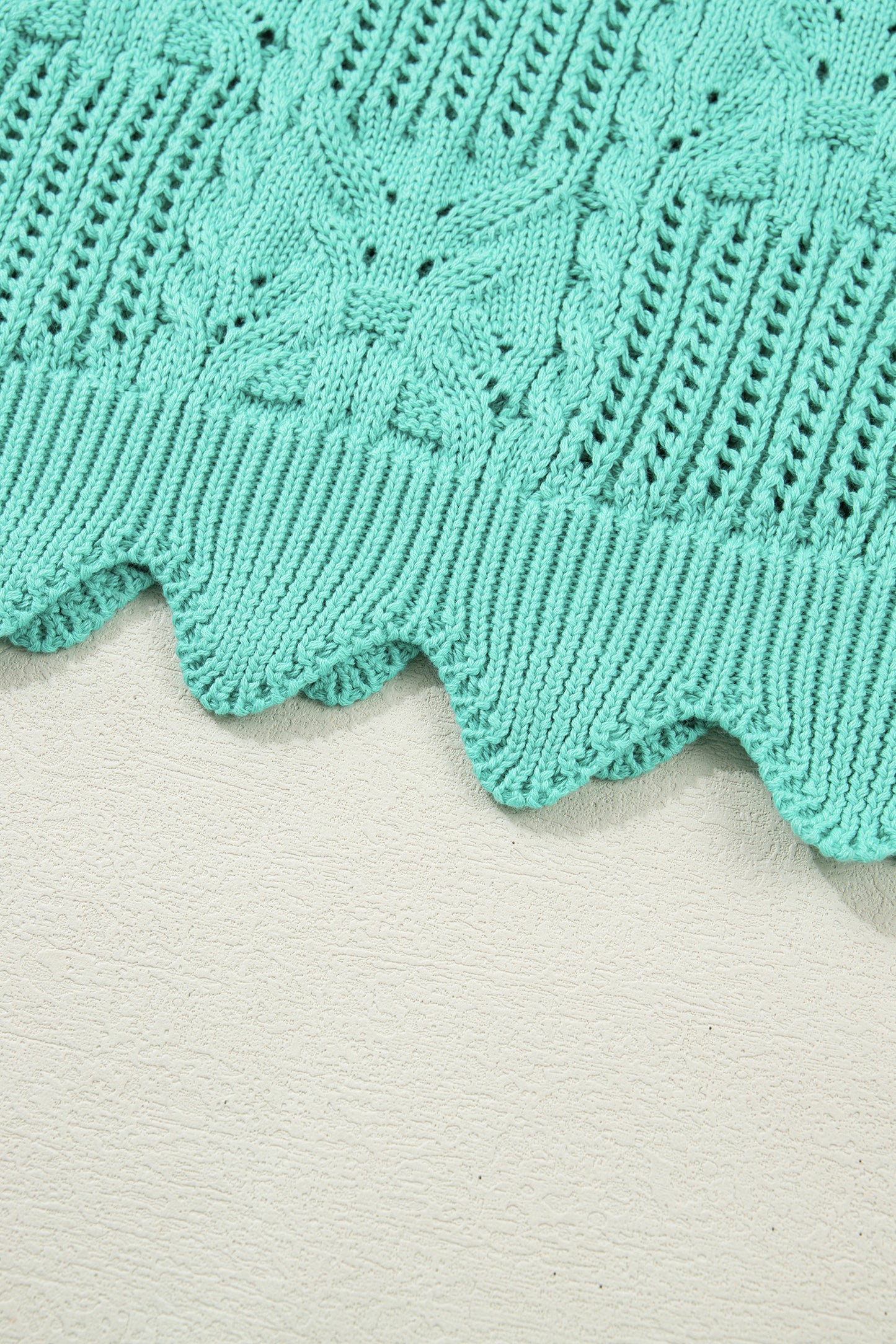 Beau Blue Pointelle Knit Patterned Scalloped Trim Short Sleeve Sweater