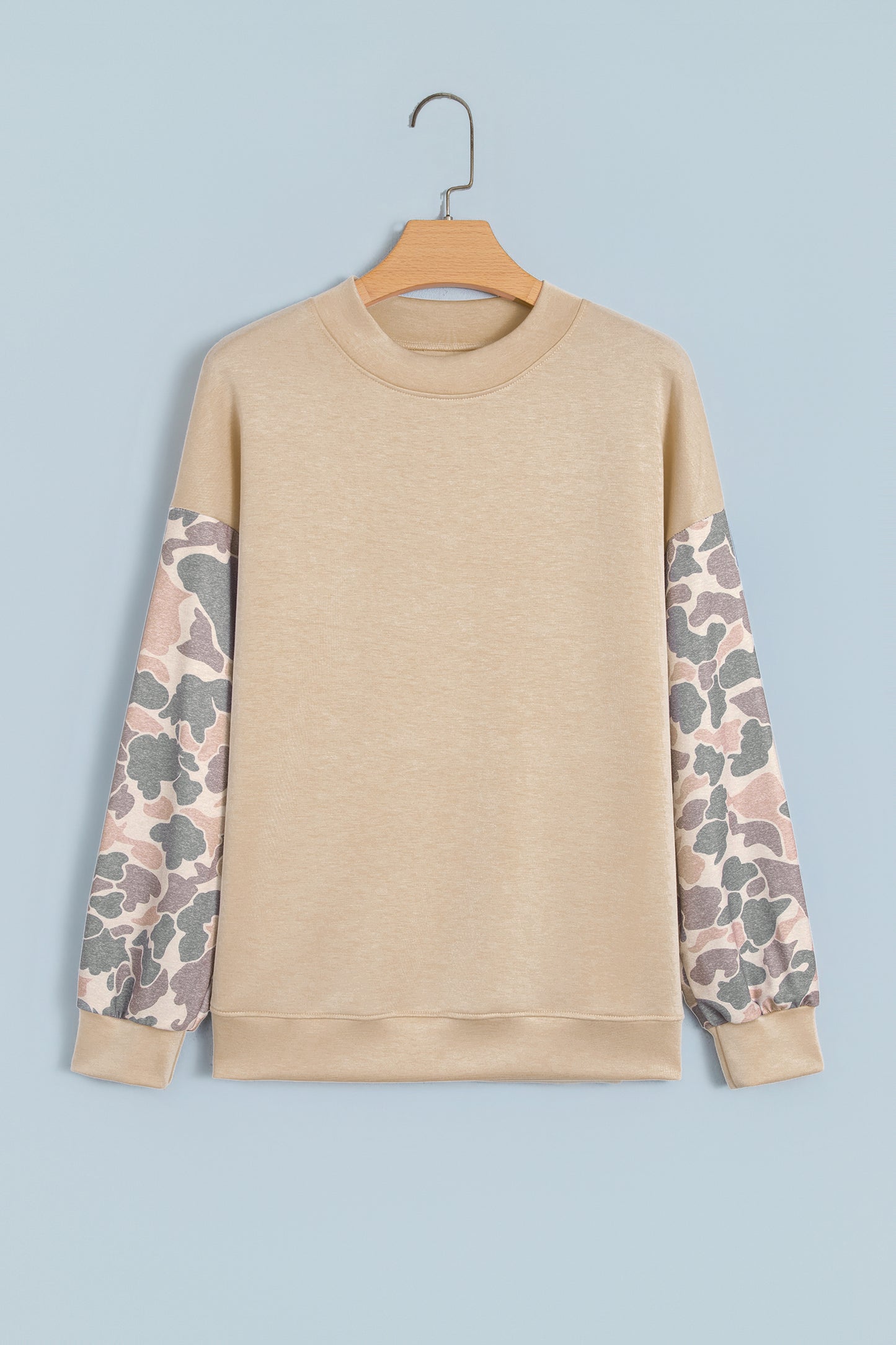 Beige Camouflage Sleeve Crewneck Baggy Pullover Sweatshirt