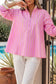 Pink Stripe Striped V-Neck Half Sleeve Zipper Ribbed Cuff Casual Shift Blouse