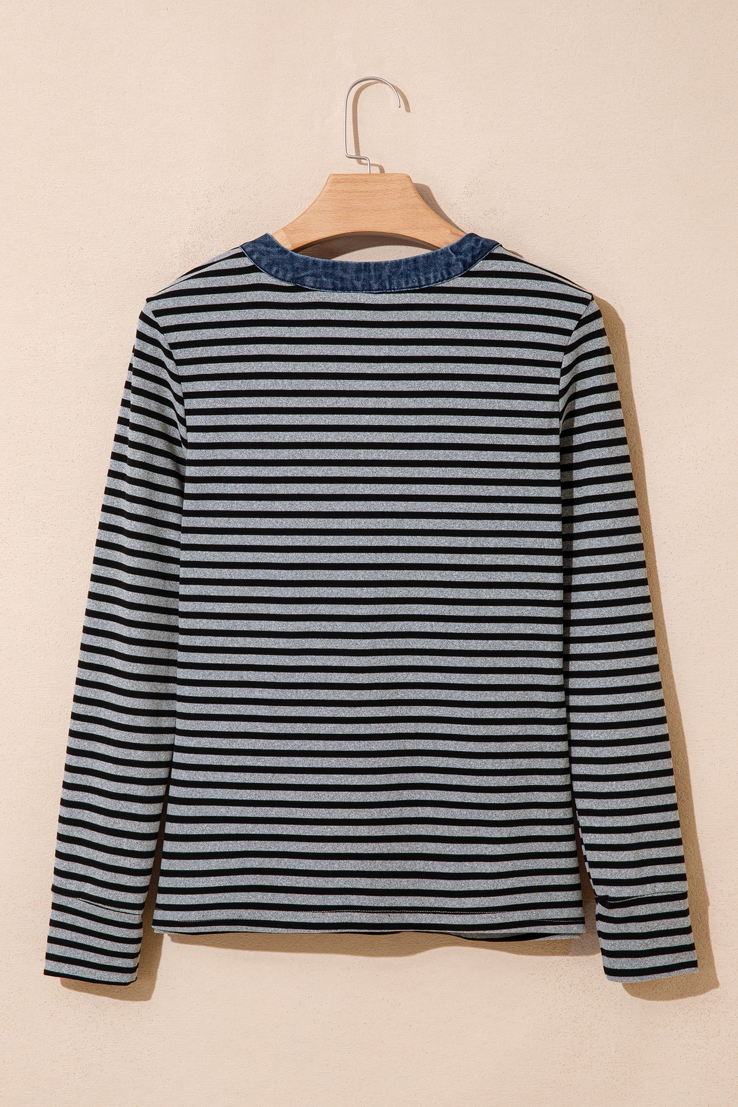 Gray Stripe Denim Contrast Collar Half Button Long Sleeve Top