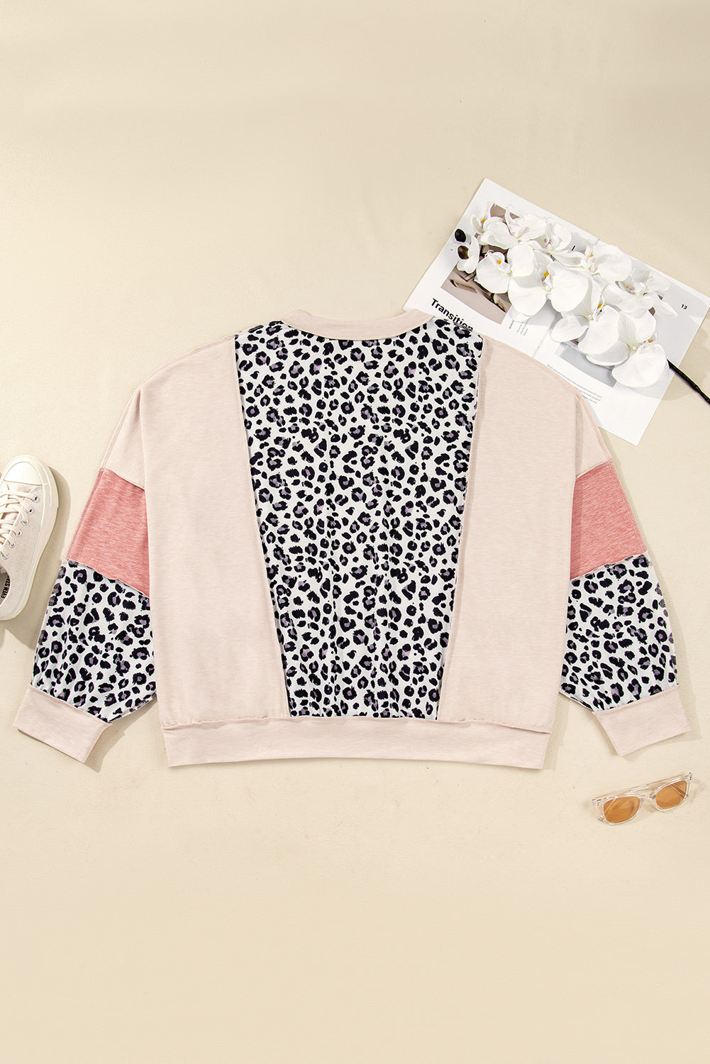 Gray Leopard Color Block Patchwork Reverse Stitch Plus Size Baggy Pullover