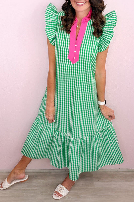 Bright Green Summer Color-Blocked Plaid Pattern Midi Dress