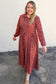 Red Leopard Print Long Sleeve V Neck Plus Size Midi Dress