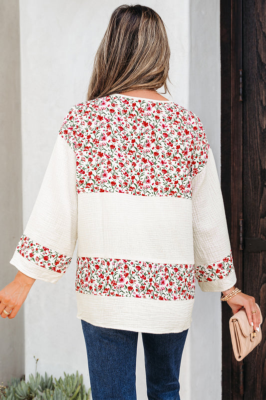 Sky Blue Floral Print Gauze Patchwork Henley Button 3/4 Sleeve Blouse