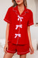 Fiery Red Contrast Trim Ribbon Bow Short Silky 2pcs Pajama Set