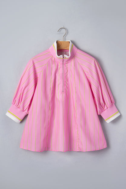 Pink Stripe Striped V-Neck Half Sleeve Zipper Ribbed Cuff Casual Shift Blouse