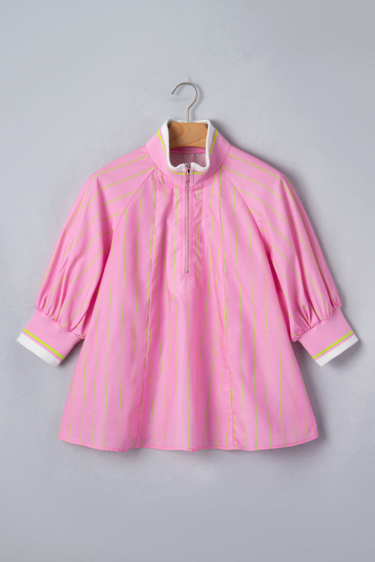 Pink Stripe Striped V-Neck Half Sleeve Zipper Ribbed Cuff Casual Shift Blouse
