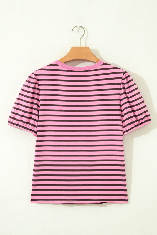 Rose Stripe Striped V-Neck Ribbed Collar Cuff Gathering Puff Sleeve Top