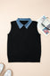 Black Solid Color Knit Contrast Denim Patchwork Collar Sweater Vest