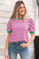 Brown Stripe Short Puff Sleeve Contrast Trim Round Neck Tee
