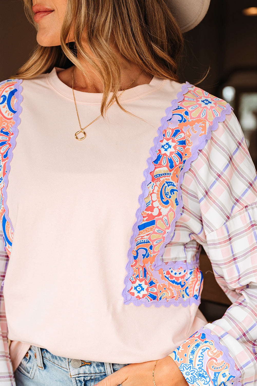Delicacy Ricrac Trim Floral Plaid Patchwork Puff Sleeve Blouse